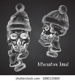 Set Hand drawn sketch human skull with santa hat and fur scarf. Chalk graphic Engraving art isolated on chalkboard background. Alternative Christmas and New Year vintage style. Vector illustration