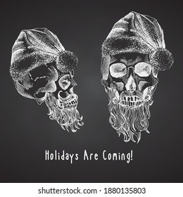 Set Hand drawn sketch human skull with santa hat and fur scarf. Chalk graphic Engraving art isolated on chalkboard background. Alternative Christmas and New Year vintage style. Vector illustration