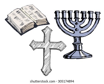 set of hand drawn, sketch illustration of religion attributes