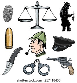 set of hand drawn, sketch illustrations of detective icons