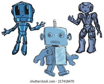 set of hand drawn, sketch illustrations of cute robots