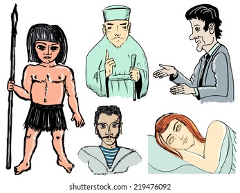 set of hand drawn, sketch illustrations of different human beings