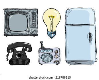 set of hand drawn, sketch illustrations of vintage technique