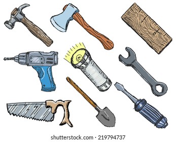 set of hand drawn, sketch illustrations of tools