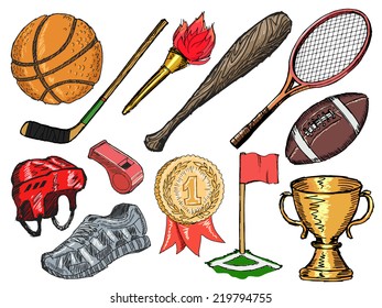 set of hand drawn, sketch illustrations of sport objects