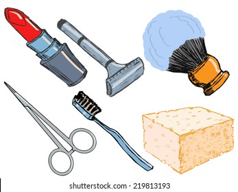 Set of hand drawn, sketch illustrations of hygienic objects