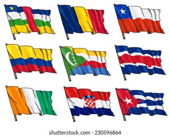 set of hand drawn sketch illustrations of national flags