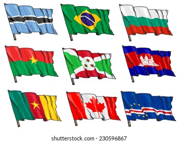 set of hand drawn sketch illustrations of national flags