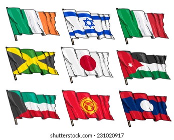 set of hand drawn sketch illustrations of national flags