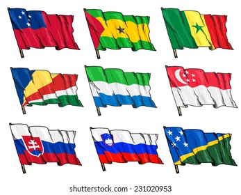 set of hand drawn sketch illustrations of national flags