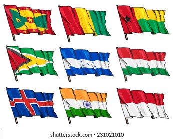 set of hand drawn sketch illustrations of national flags