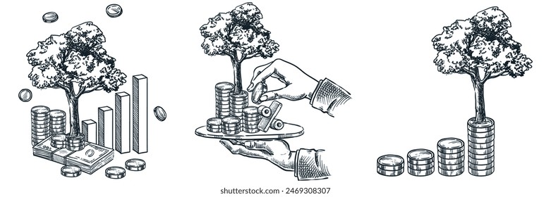 Set of hand drawn sketch investment illustrations. Investing, saving money and finance growth business concept. Human hand holding tray with tree growing on stack of coins