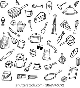 Legen Sie eine handgezeichnete Skizze von Küchenartikeln an. Doodle Satz von Symbolen von Küchenobjekten. Symbole für Küchenartikel. Vektorgrafik von Küchenzubehör. Kartoffeln, Nahrung, Bratpfanne, Pokal, Rührei.
