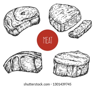 Set of hand drawn sketch meat products isolated on white background. Vector vintage retro illustration.