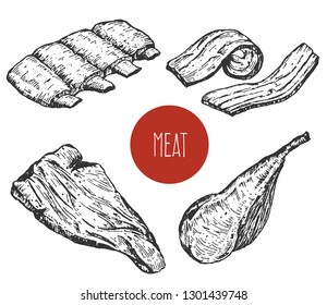 Set of hand drawn sketch meat products isolated on white background. Vector vintage retro illustration.
