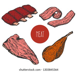 Set of hand drawn sketch meat products isolated on white background. Vector vintage retro illustration.
