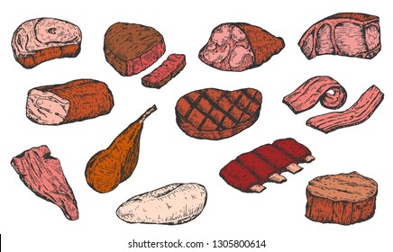 Set of hand drawn sketch meat products isolated on white background. Vector vintage retro illustration.