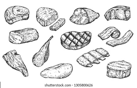Set of hand drawn sketch meat products isolated on white background. Vector vintage retro illustration.