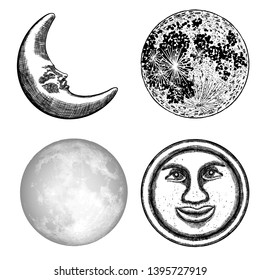 Set of hand drawn sketch of moon human like face or anthropomorphic planet and realistic stipple of the crescent  moon , isolated on white. Detailed vintage style stipple drawing. Vector.