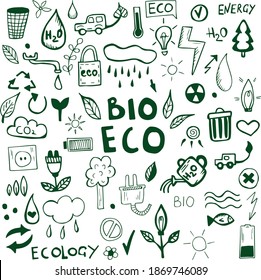 Set hand drawn sketch on the theme of ecology. Doodle set of symbols the protection of the environment.Vector illustration of ecology. Eco-friendly consumption. Conscious consumption.