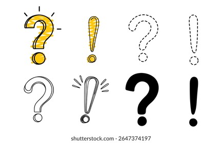 Set of hand drawn Sketch question marks and exclamation marks. Vector illustration