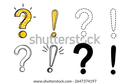 Set of hand drawn Sketch question marks and exclamation marks. Vector illustration