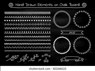 Set of hand drawn sketch ribbon banners and decorative elements on black chalk board texture. Vector illustration.