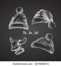Set Hand drawn sketch santa hat and fur scarf. Chalk graphic Engraving art isolated on chalkboard background. Christmas and New Year vintage style design . Vector illustration