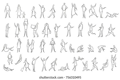 Set hand drawn sketch of silhouettes people. Vector illustration.