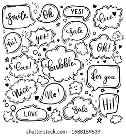 Set Of Hand Drawn Sketch Speach Bubbles. Vector Illustration