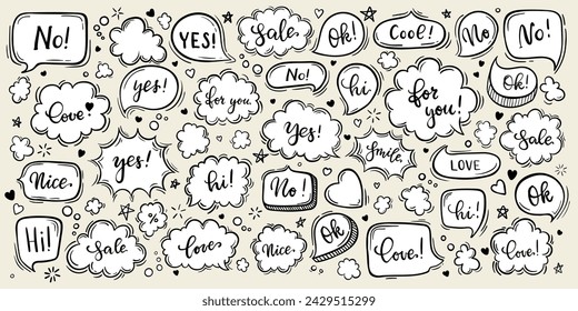 Set of hand drawn sketch Speach bubbles. Vector illustration