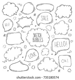 Set Of Hand Drawn Sketch Speach Bubbles. Vector Illustration