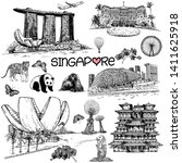 Set of hand drawn sketch style Singapore related objects isolated on white background. Vector illustration.