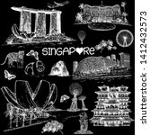 Set of hand drawn sketch style Singapore related objects isolated on black background. Vector illustration.