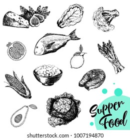 Set of hand drawn sketch style isolated food. Vector illustration.