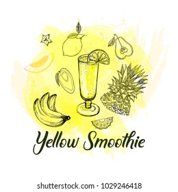 Set of hand drawn sketch style yellow smoothie with fruits. Isolated vector illustration.