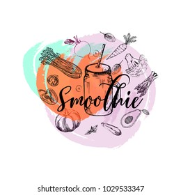 Set of hand drawn sketch style smoothie with vegetables. Isolated vector illustration.