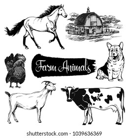 Set of hand drawn sketch style farm building and animals. Vector illustration isolated on white background.