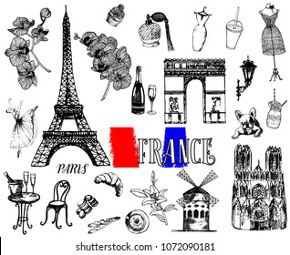 Set of hand drawn sketch style French themed objects isolated on white background. Vector illustration.