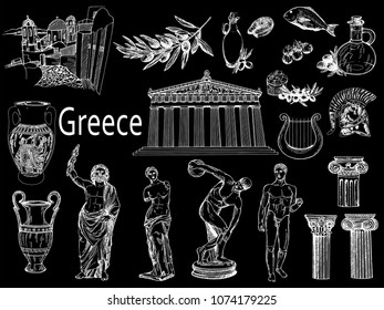 Set of hand drawn sketch style Greek themed objects isolated on black background. Vector illustration.