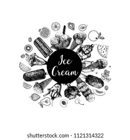 Set of hand drawn sketch style ice cream with fruits and berries isolated on white background. Vector illustration.