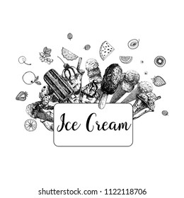 Set of hand drawn sketch style ice cream with fruits and berries isolated on white background. Vector illustration.