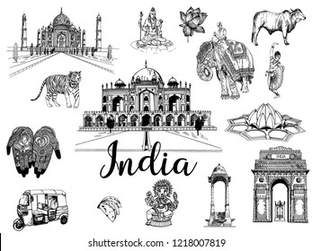 Set of hand drawn sketch style India themed objects isolated on white background. Vector illustration.