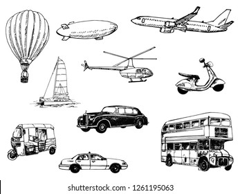 Set of hand drawn sketch style different types of transport isolated on white background. Vector illustration.