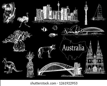 Set of hand drawn sketch style Australia themed objects isolated on black background. Vector illustration.