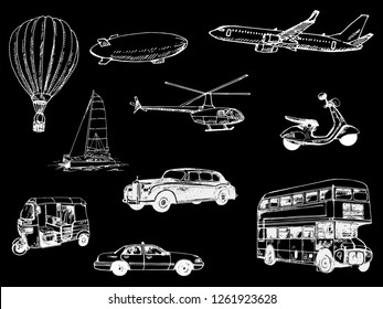 Set of hand drawn sketch style different types of transport isolated on black background. Vector illustration.
