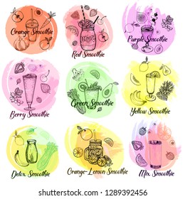 Set of hand drawn sketch style smoothie with fruits and vegetables. Isolated vector illustration.