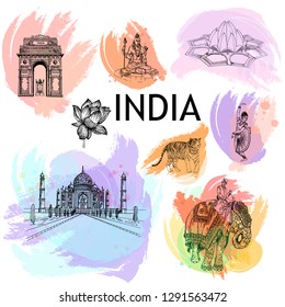 Set of hand drawn sketch style India themed objects isolated on white background. Vector illustration.