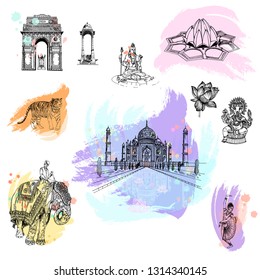 Set of hand drawn sketch style India themed objects isolated on white background. Vector illustration.