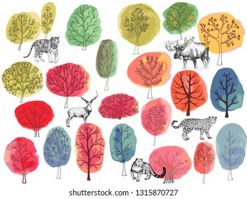 Set of hand drawn sketch style animals and colorful trees isolated on white background. Vector illustration.